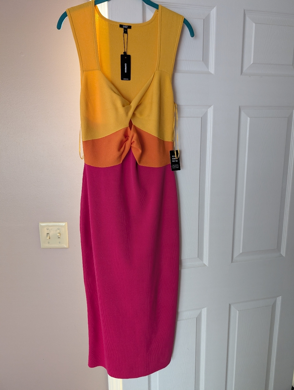 Express Colorblock Twist Front Midi Dress in Yellow, Orange & Pink